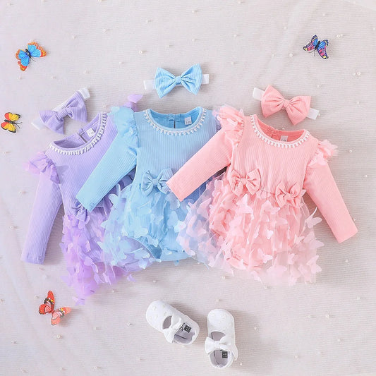 Dress For Kids 0-18 Months Long Sleeve Cute Butterfly Embroidery Mesh Ruffle Trim Bow Front Princess Dresses For Baby Girl