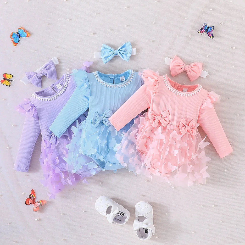 Dress For Kids 0-18 Months Long Sleeve Cute Butterfly Embroidery Mesh Ruffle Trim Bow Front Princess Dresses For Baby Girl