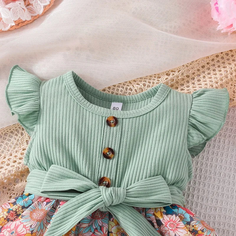 Dress For Kids 1-6 Years old  Birthday Summer Fashion Ruffle Sleeve Cute Floral Princess Formal Green Dresses Ootd For Baby Girl