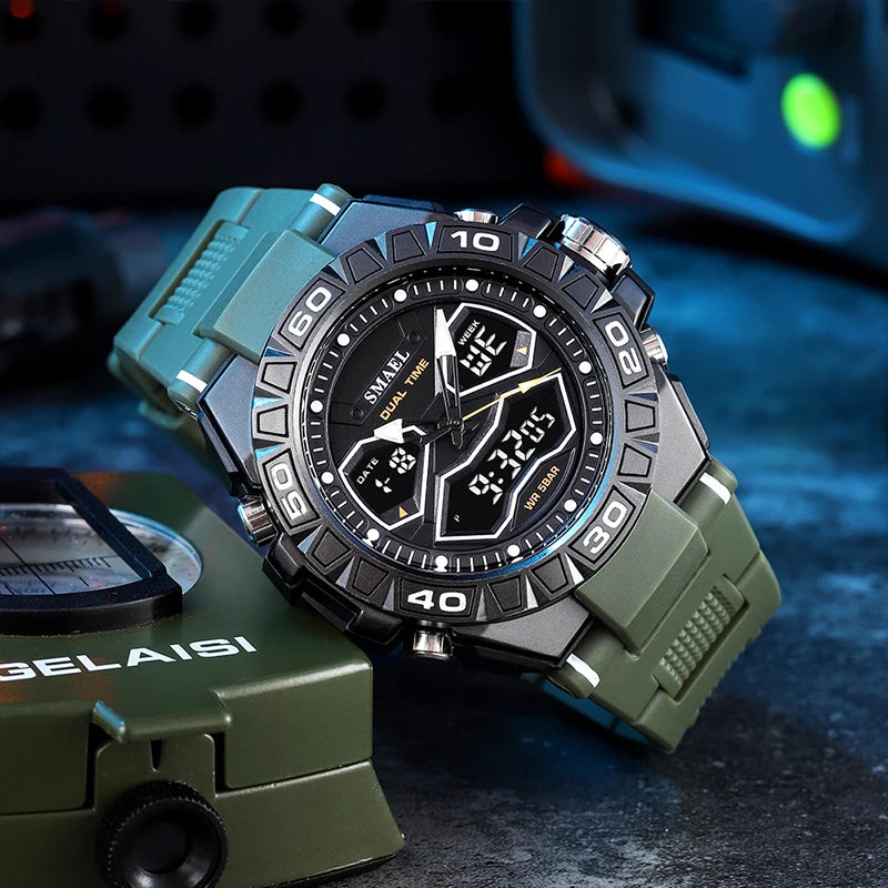 Sport Watch For Men SMAEL Quartz Wristwatches 50M Waterproof Back Light Alarm Clock Male 8070 Military Army Green Watches Men