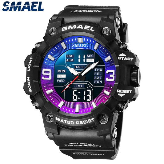 Men Watch Sport Waterproof LED Light Alarm Clock Dual Time Display Week Auto Date Wristwatches 8049 Quartz Watches Sports Time