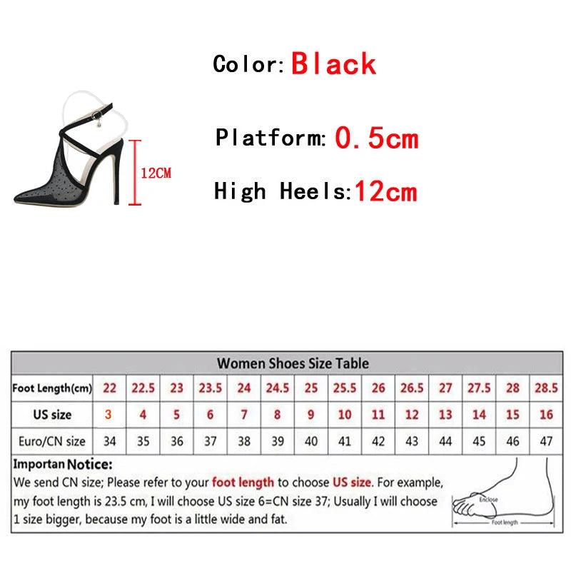 Liyke New Fashion Black Mesh Pointed Toe Stiletto High Heels Sandals Female Ankle Buckle Strap Party Stripper Shoes Women Pumps