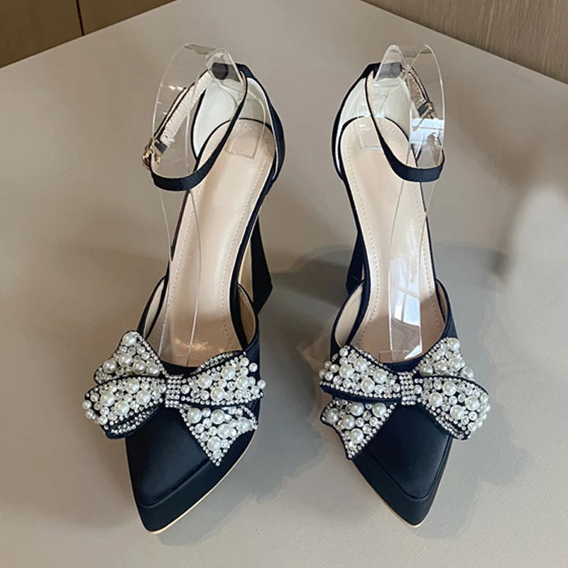 Liyke 2024 Spring Women Pumps Fashion Design White Pearl Bowknot High Heels Platform Sandals Pointed Toe Party Dress Shoes Lady