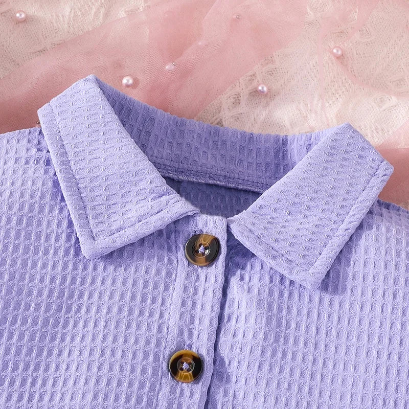 Clothing Set For Kid Girl 4-7 Years old Lace Sleeve Button Blouse Purple Tulle Skirt Summer Outfit For Baby Girl