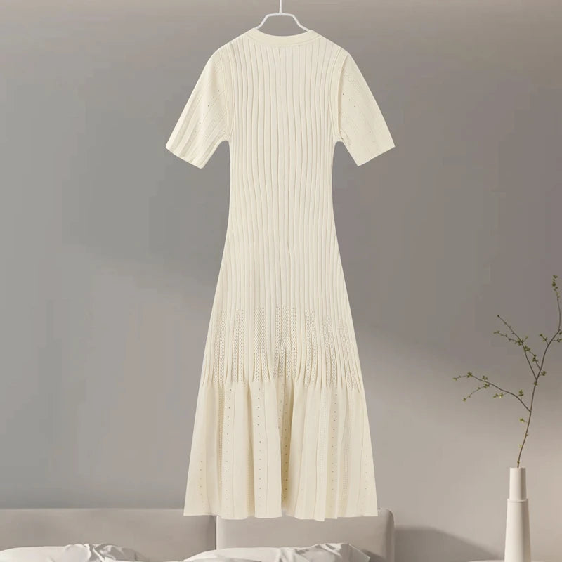 Long Dress Women Slim Wave O-neck Short Sleeve Hip Package Dresses