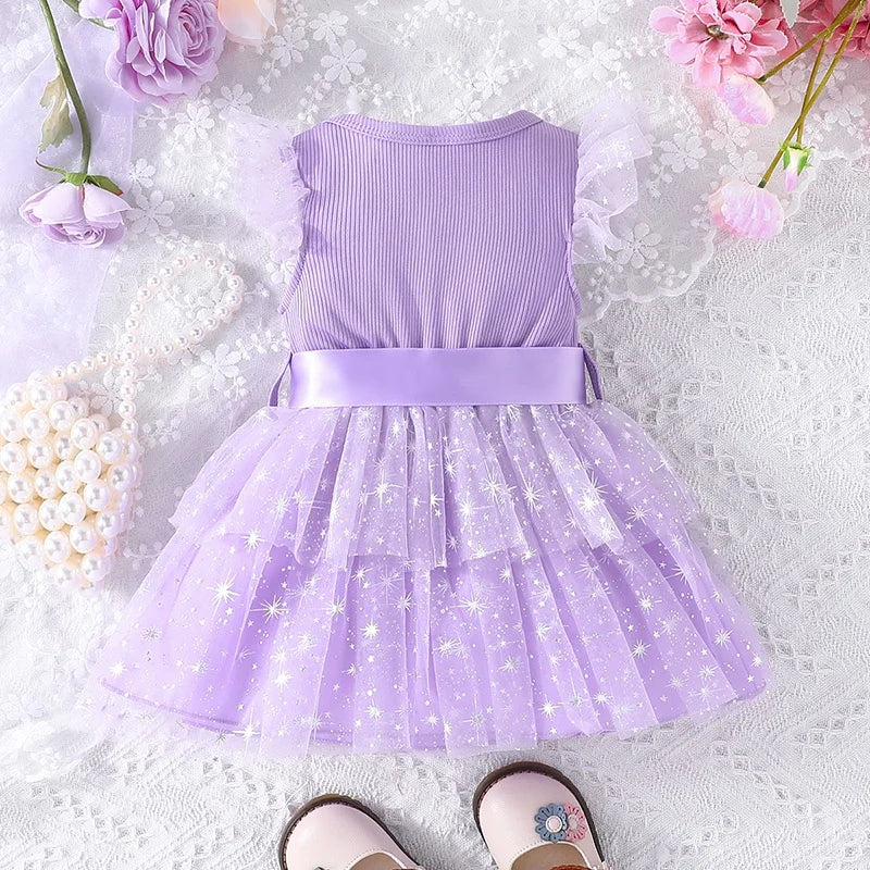 Dress For Kids Newborn 3 - 24 Months Birthday Fly Sleeve Cute Stars Tulle Purple Princess Formal Dresses Ootd For Baby Girl