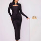 Long Sleeve Sexy Maxi Dress For Women Gown Autumn Winter New Metal Buckle Ruched Slit Long Dress Elegant