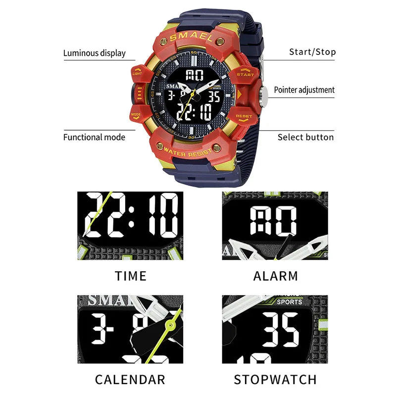 Quartz Watches Male Clock SMAEL Brand Wristwatches 50M Waterproof Stopwatch Week Display Alarm Clocks 8080 Men Watch Sports Time