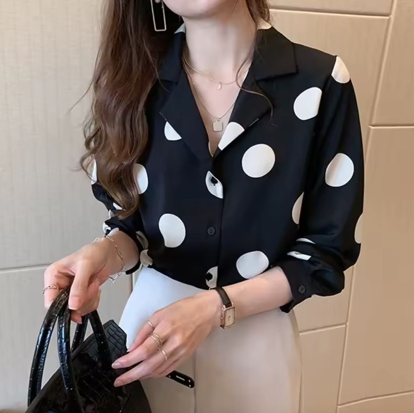 Gorgeous Casual Beige Black Blouse Women Polka Dot Puff  Elegant Lapel Button-up Blouse Long Sleeve Summer Tops Vintage Casual Female Clothing 2u19