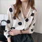 Gorgeous Casual Beige Black Blouse Women Polka Dot Puff  Elegant Lapel Button-up Blouse Long Sleeve Summer Tops Vintage Casual Female Clothing 2u19