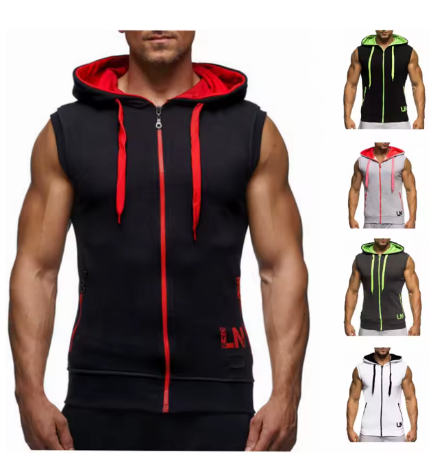 Cotton Hooded Sweatshirt - Gym Tank Tops - Casual Sleeveless Hoodie Vest Coat (TM7)(TM5)