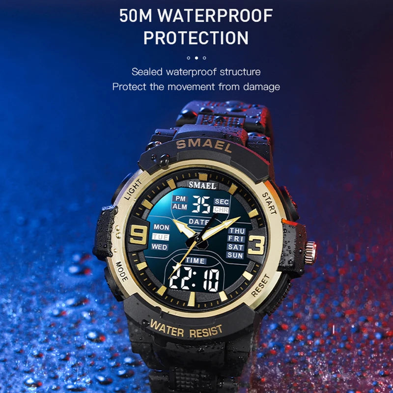 SMAEL Men Military Watch New Fashion Watches Quartz Wristwatch Men 50m Waterproof Sports Watch Digital  1912 Shock  Army WatcH