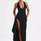 Deep V Neck Thigh High Split Maxi Dress Women Halter Sleeveless Backless