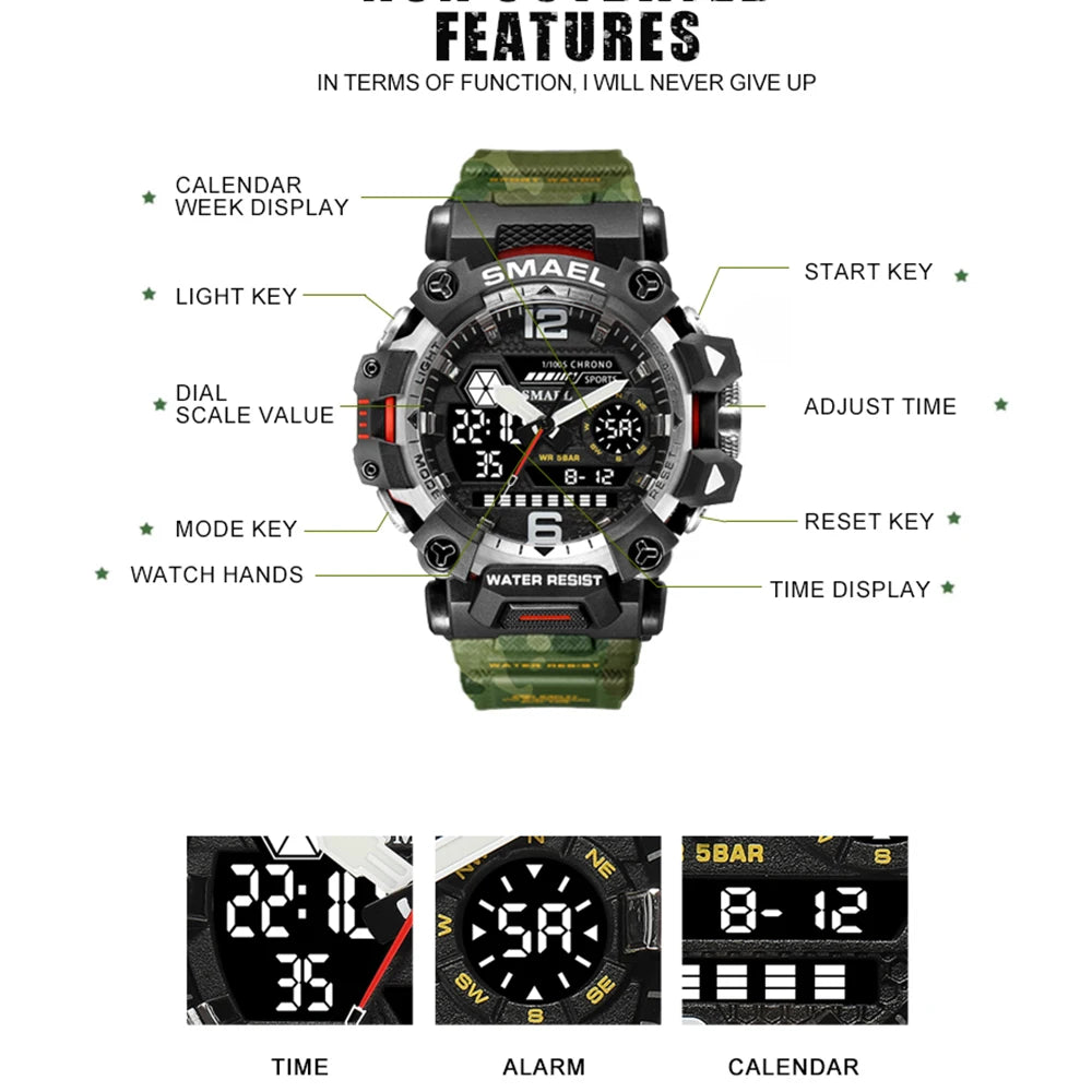 NEW SMAEL Military Watches 50m Waterproof Sports Watch Digital 8072 Army Watch Digital Quartz Dual Time Wristwatches LED for Men