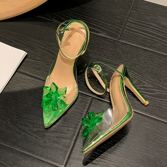 Liyke New Style Crystal Flower Women Pumps Sexy Pointed Toe Green High Heels Wedding Prom Shoes Ladies PVC Transparent Sandals