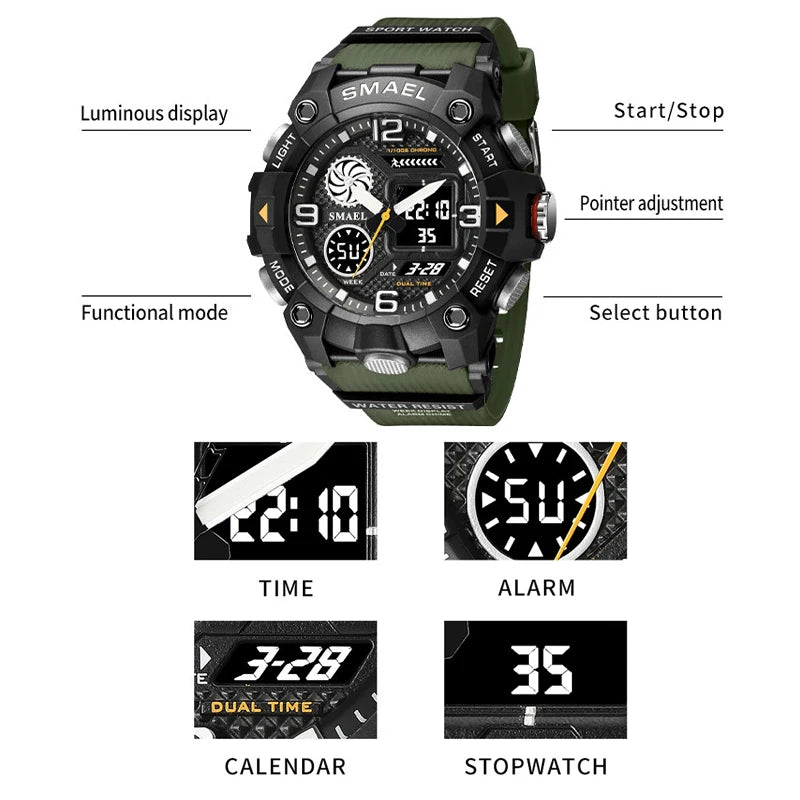 SMAEL Quartz Watch Sport 50M Waterproof Stopwatch Week Display LED Digital Alarm Clock Male 8055 Men Watches Sports Wristwatches