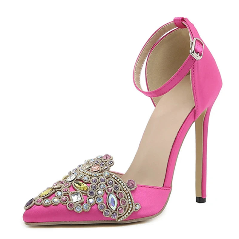 Liyke High Quality Crystal Diamond Pointed Toe Stiletto Heels Wedding Prom Shoes Fashion Buckle Strap Women Pumps Sandal Size 42