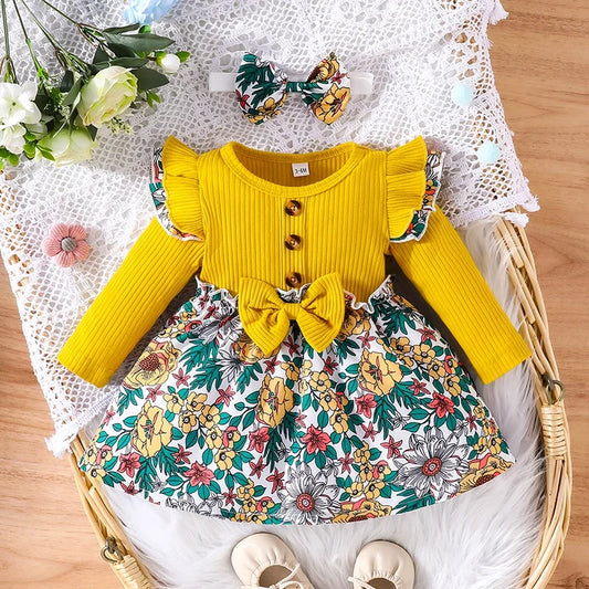 Dress For Kids 3 -24 Months Birthday Ruffles Long Sleeve Cute Floral Princess Formal Dresses Ootd For Newborn Baby Girl