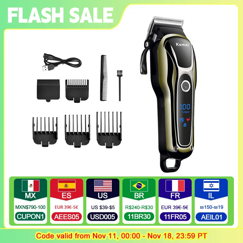 Rechargeable Trimmer Men Electric Cutter Hair Cutting Machine LCD Cordless Beard Trimmer KM-1990