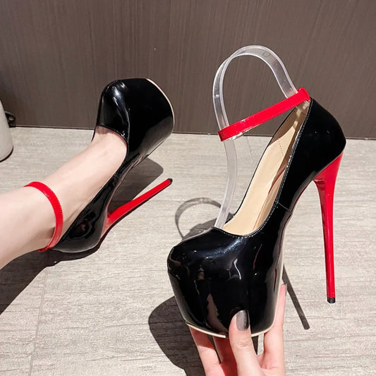 Liyke 2024 New Black Red High Heels Women Pumps Spring Fashion Round Toe Buckle Strap Platform Stiletto Wedding Banquet Shoes