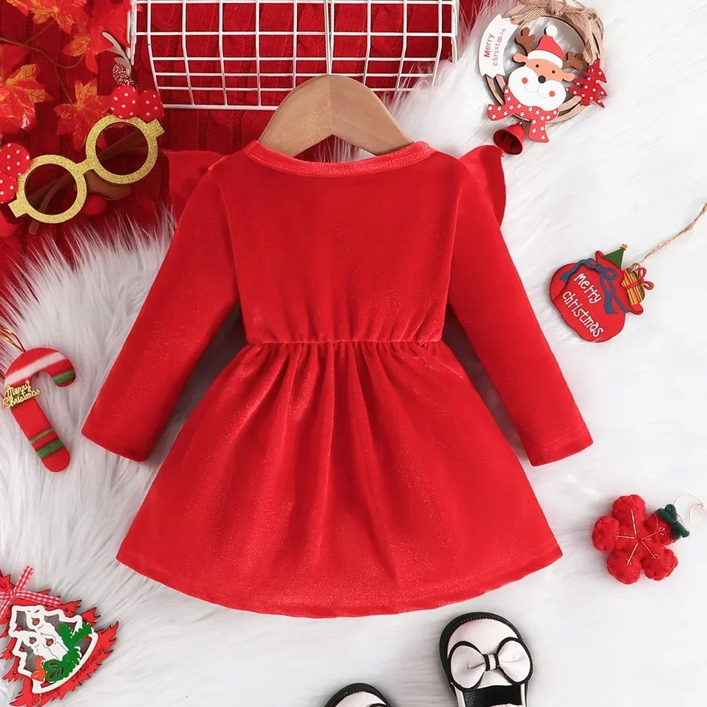 Dress For Kids 3-24 Months Newborn Long Sleeve Cute Cartoon Elk Red Suede Christmas Princess Formal Warm Dresses For Baby Girl