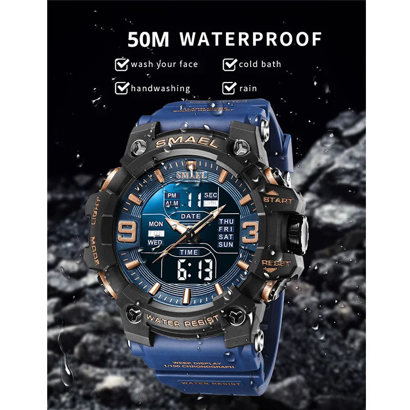 Men Watch Sport Waterproof LED Light Alarm Clock Dual Time Display Week Auto Date Wristwatches 8049 Quartz Watches Sports Time