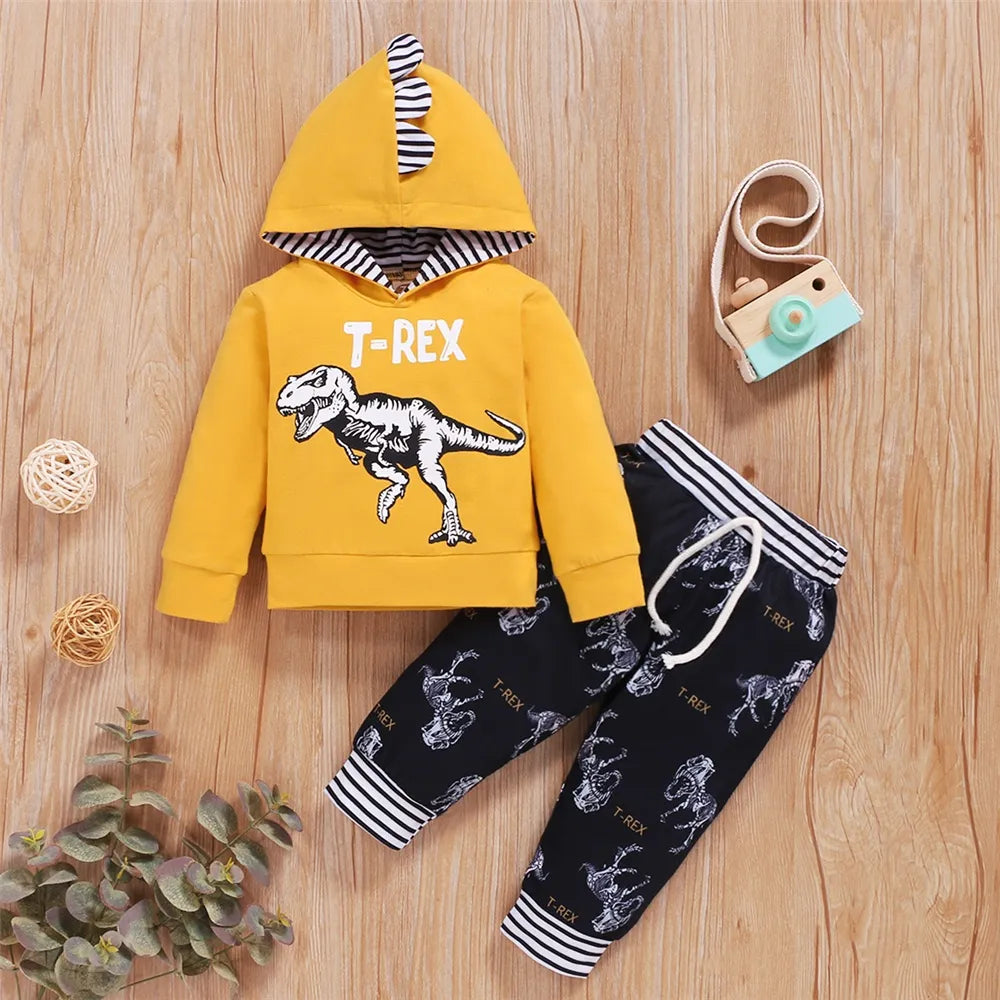 Dinosaur Printed Hooded Long Sleeved Top+Pants Toddler Boy Casual Outfit -Newborn Baby Boy Autumn&Winter Clothes Set