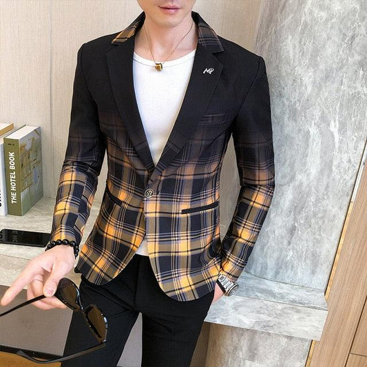 Male Blazer Spring British Style Plaid Blazer Suit Jacket T2M