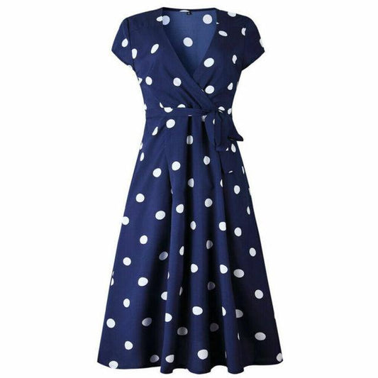 Summer Women Vintage Dress Casual Polka Dot Print A Line Party Dresses Sexy V Neck Short Sleeve Wso4ws06