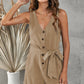 Tie-Waist Buttoned Plunge Sleeveless Romper