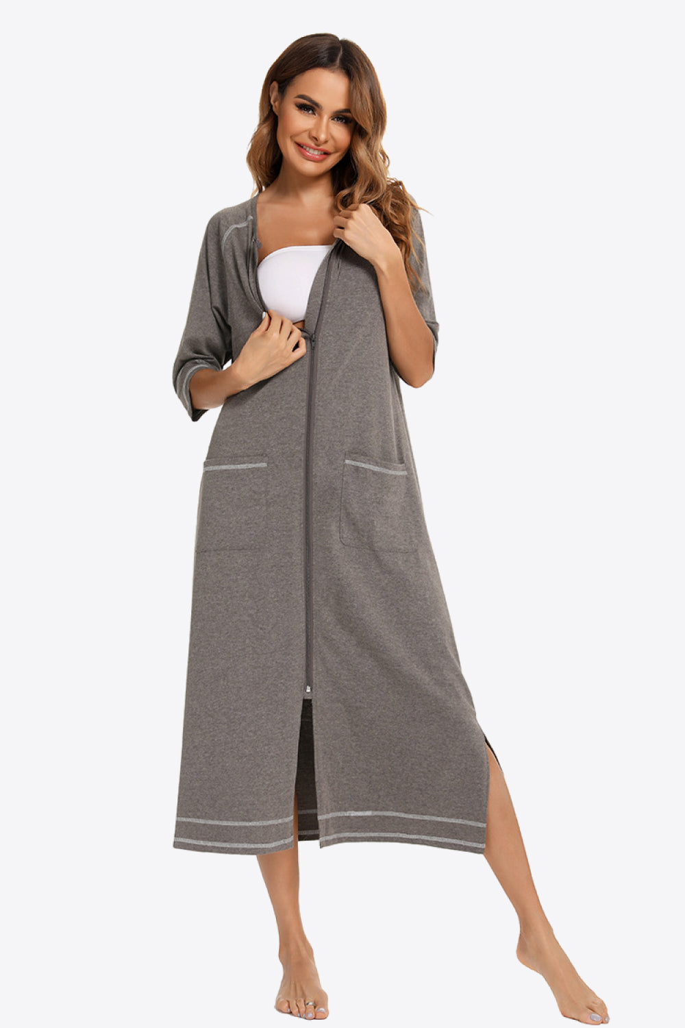 Zip Up Slit Night Dress with Pockets