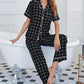 Grid Lapel Collar Short Sleeve Top and Pants Pajama Set