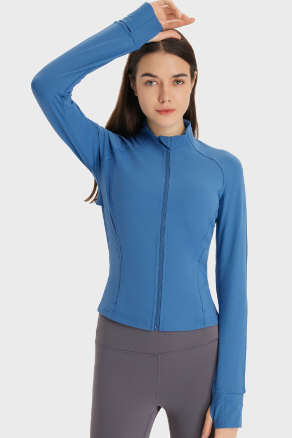 Zip Up Thumbhole Sleeve Sports Jacket with Pockets