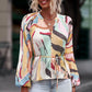 Printed Tie-Waist Pleated Balloon Sleeve Blouse