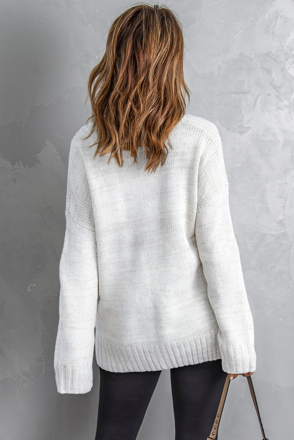 Heathered Ribbed Trim V-Neck Drop Shoulder Sweater