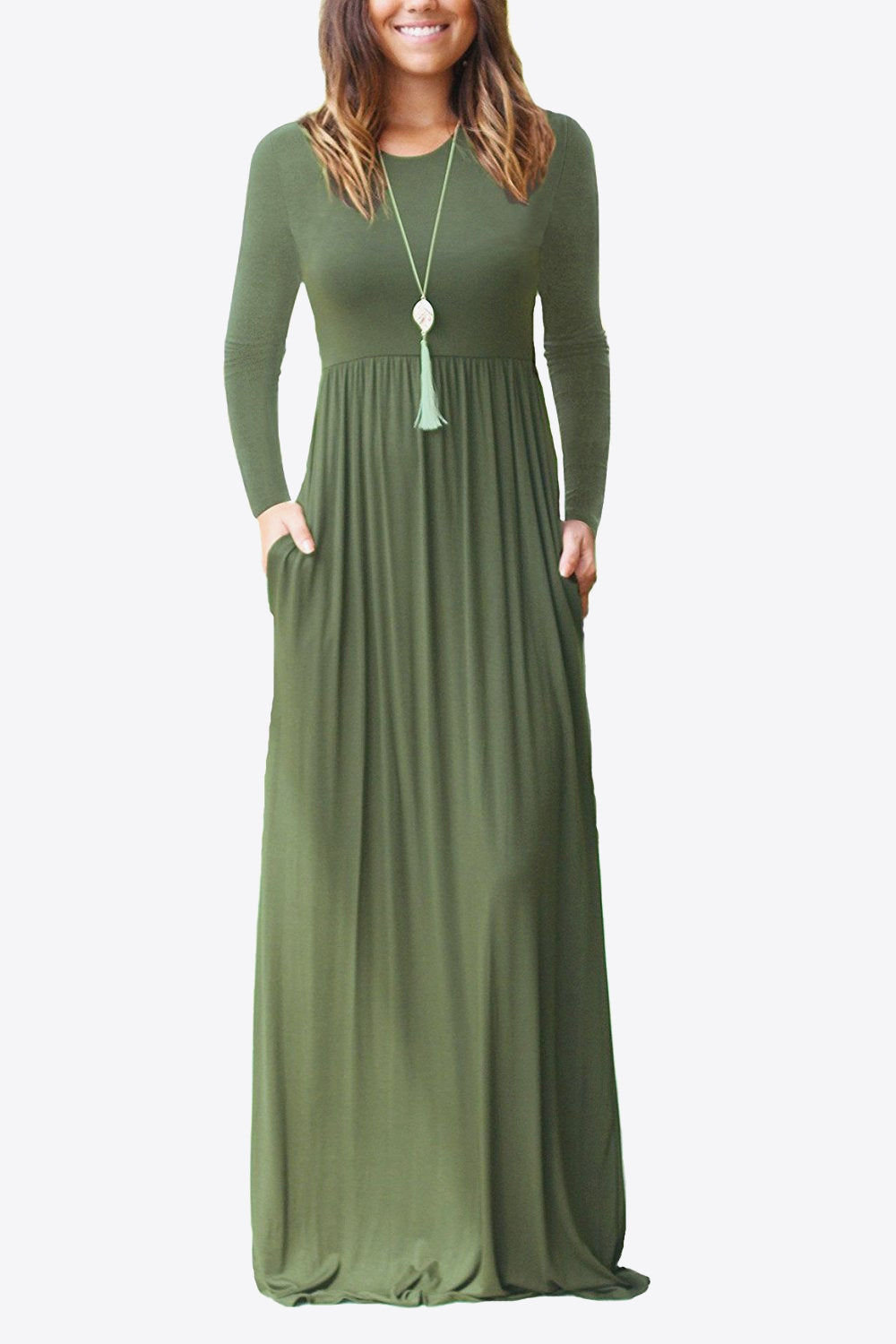 Round Neck Empire Waist Pocket Dress