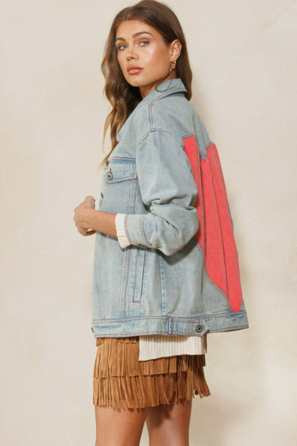 ODDI Full Size Contrast Heart Denim Jacket