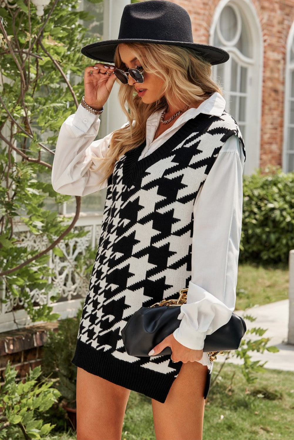 Houndstooth Side Slit Ribbed Sweater Vest Dress