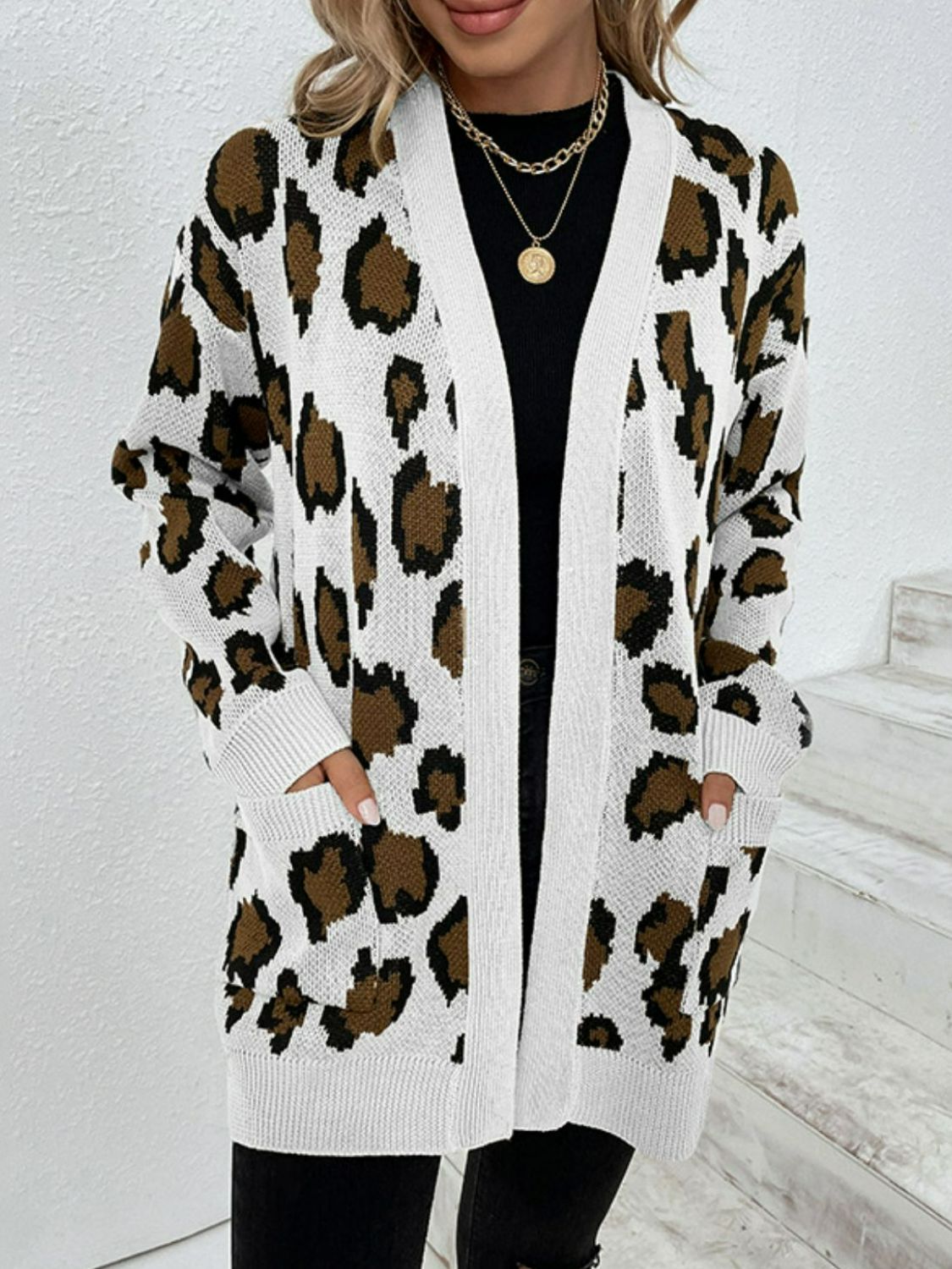 Leopard Print Ribbed Trim Dropped Shoulder Longline Cardigan