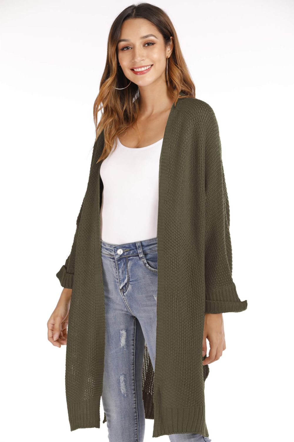 Open Front Slit Exposed Seam Cardigan