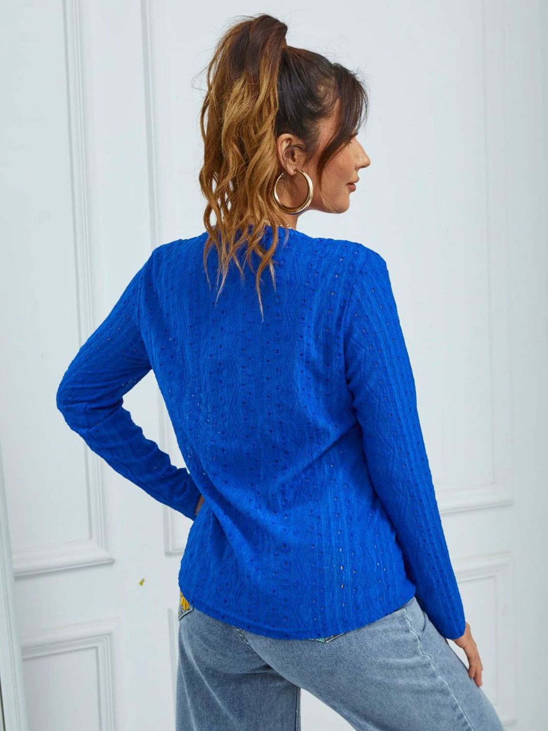 Eyelet Round Neck Long Sleeve Top