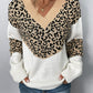 Leopard Color Block V-Neck Ribbed Trim Sweater