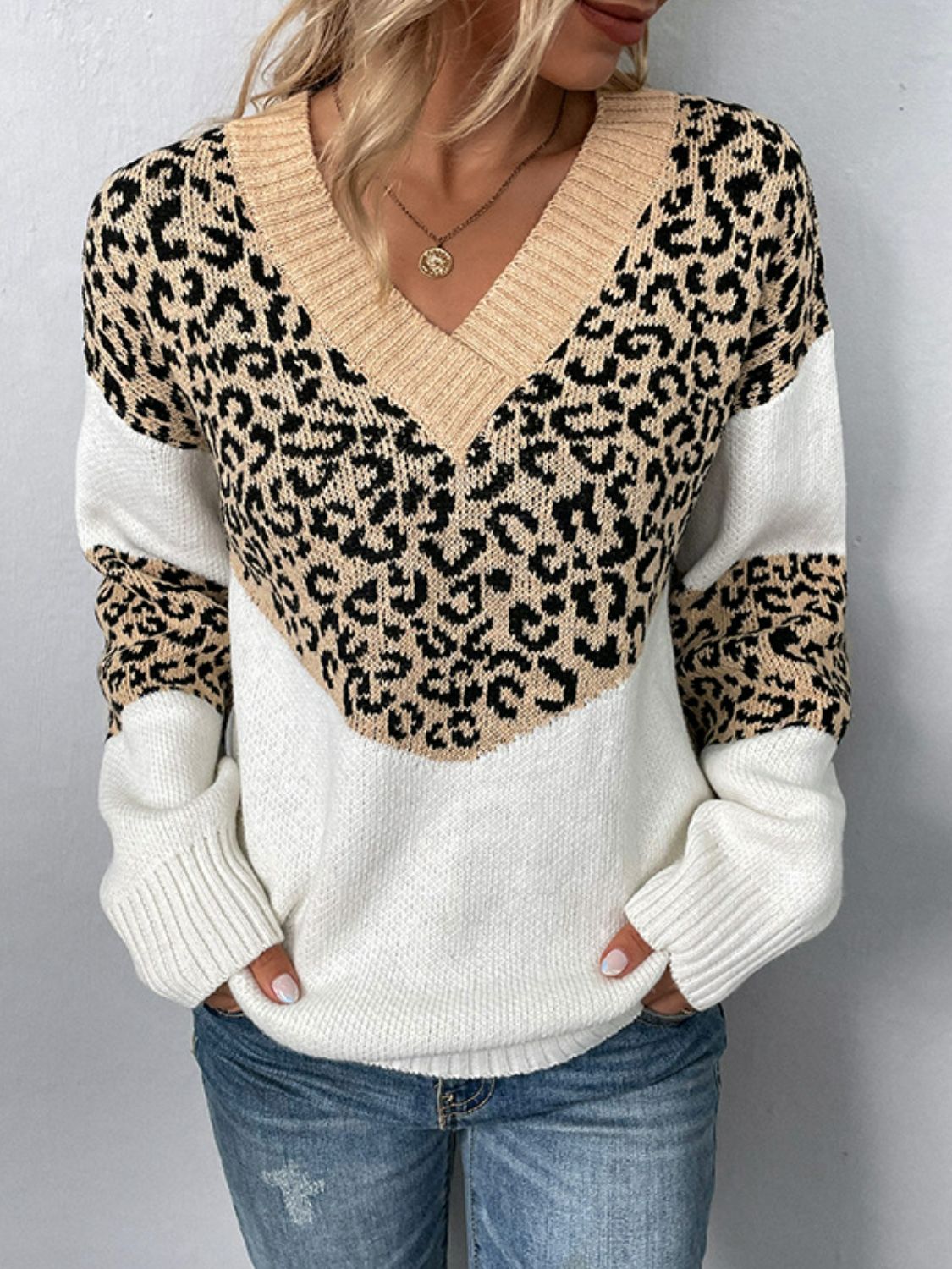 Leopard Color Block V-Neck Ribbed Trim Sweater
