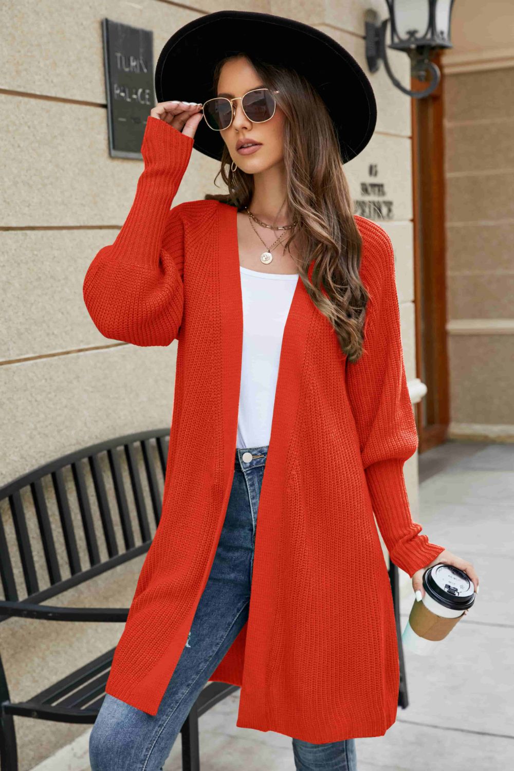 Lantern Sleeve Rib-Knit Open Front Longline Cardigan