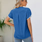 Pom-Pom Trim Petal Sleeve Notched Neck Top