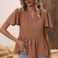 Ribbed Flutter Sleeve Notched Peplum Blouse