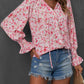 Printed Tie-Neck Long Flounce Sleeve Blouse