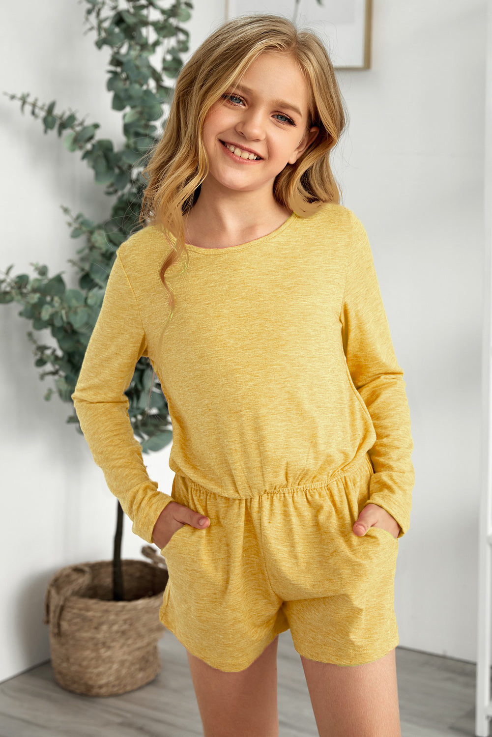 Girls Elastic Waist Long Sleeve Romper with Pockets