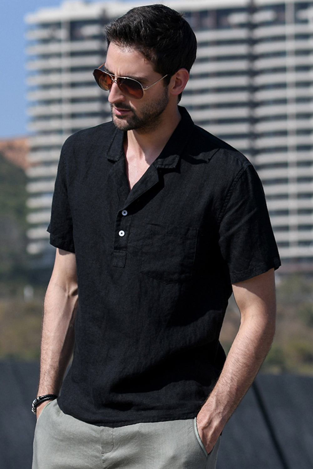 Buttoned Lapel Collar Pullover Shirt