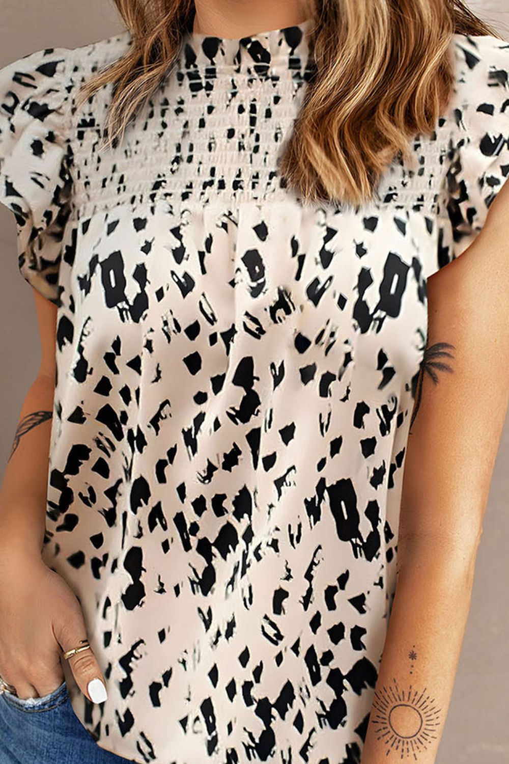 Printed Smocked Butterfly Sleeve Top